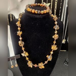 Tiger Eye and Crystal Necklace Bracelet and Earrings Set